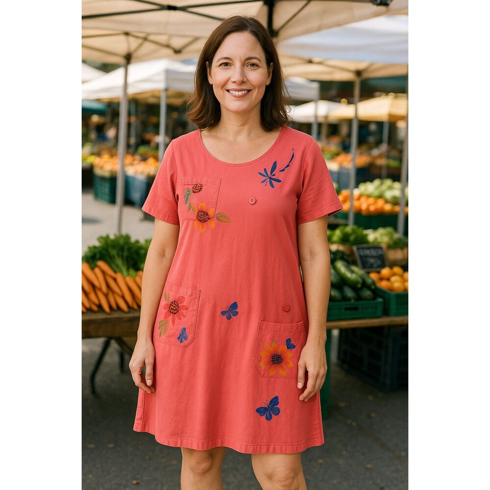 Viva City Vintage‎ Shirt Dress Women Medium Peach Stamped Artsy Artcore Outdoors
